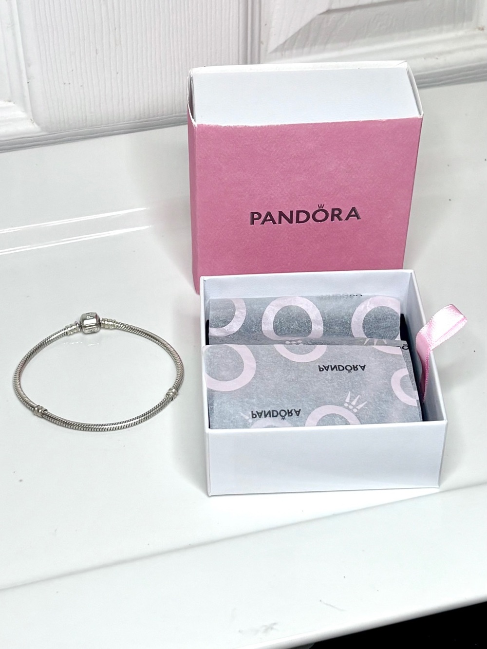 NWOT Pandora Sterling Silver 8” Charm Bangle Bracelet Boxed